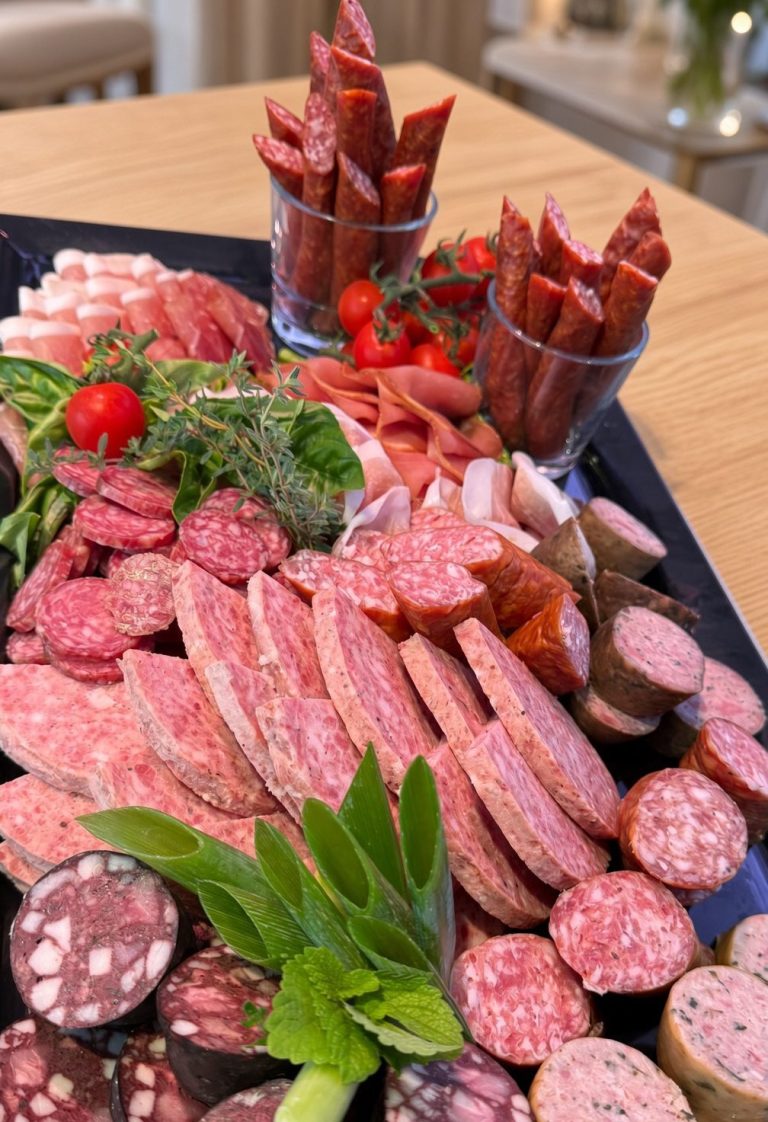 Eine Auswahl an Wurst, Käse, Trauben, Tomaten und Gurkenscheiben auf einem Tablett.
